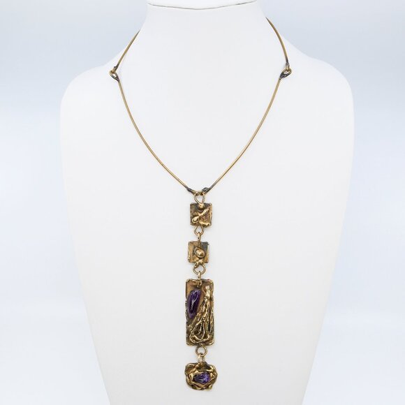 Vintage Brutalist Movement Brass Necklace with Amethyst Stones Statement Pendant - Picture 1 of 6